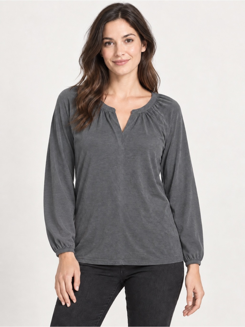 NWT New Lucky Brand Sandwash Long Sleeve Notch Gray Top Size L